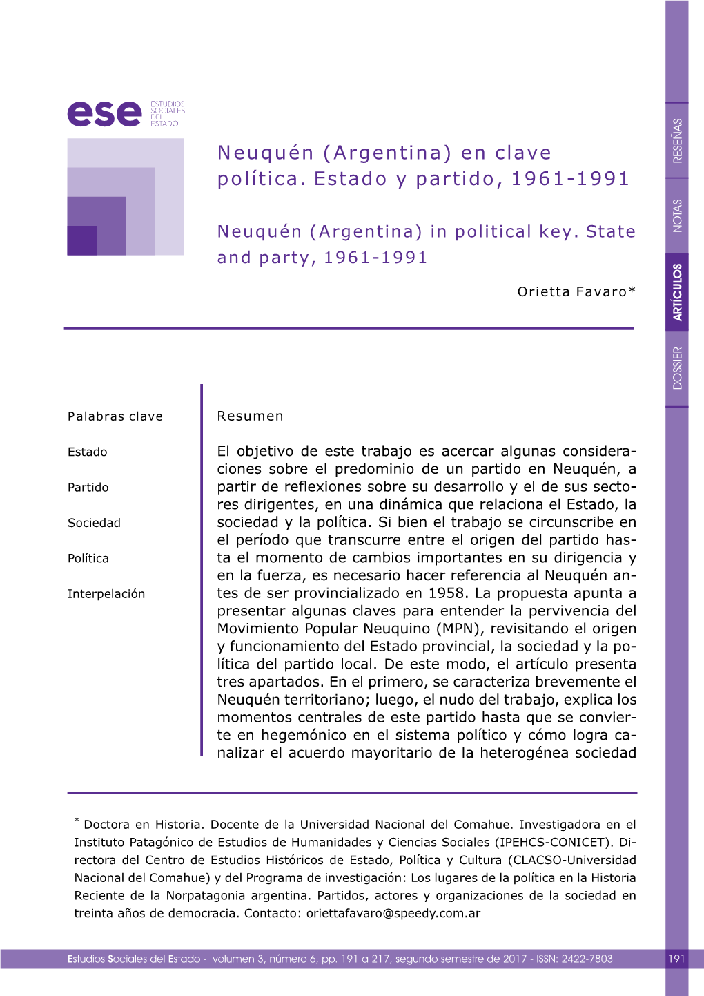 Neuquén (Argentina) En Clave Política. Estado Y Partido, 1961-1991