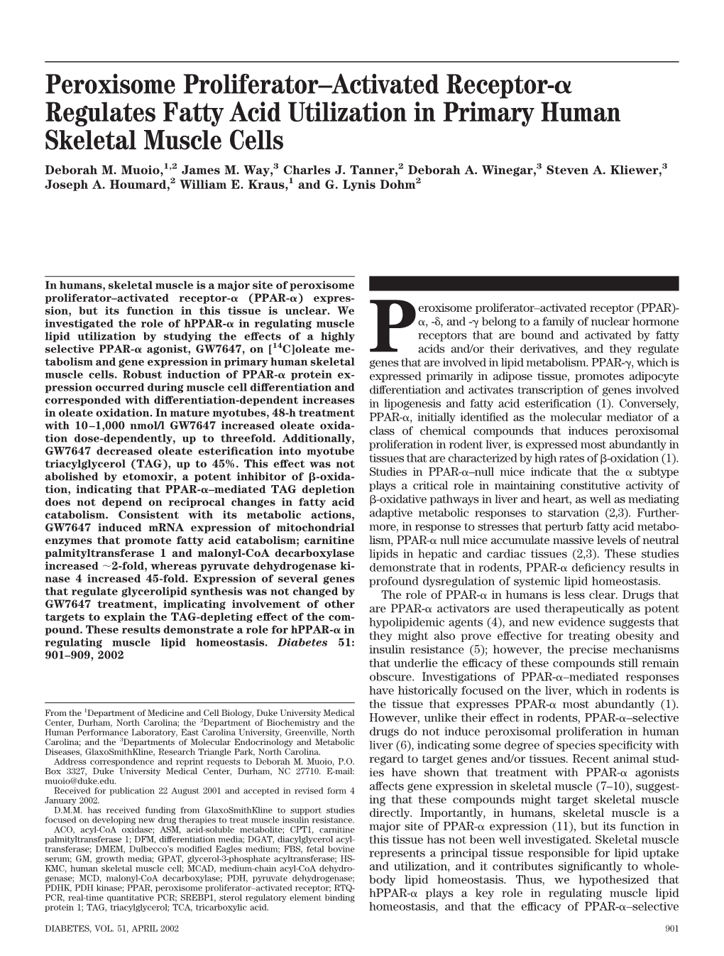 Peroxisome Proliferator–Activated Receptor- Regulates Fatty Acid Utilization in Primary Human Skeletal Muscle Cells