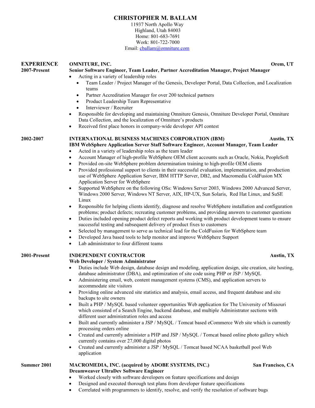 Chris Ballam's Resume 2009