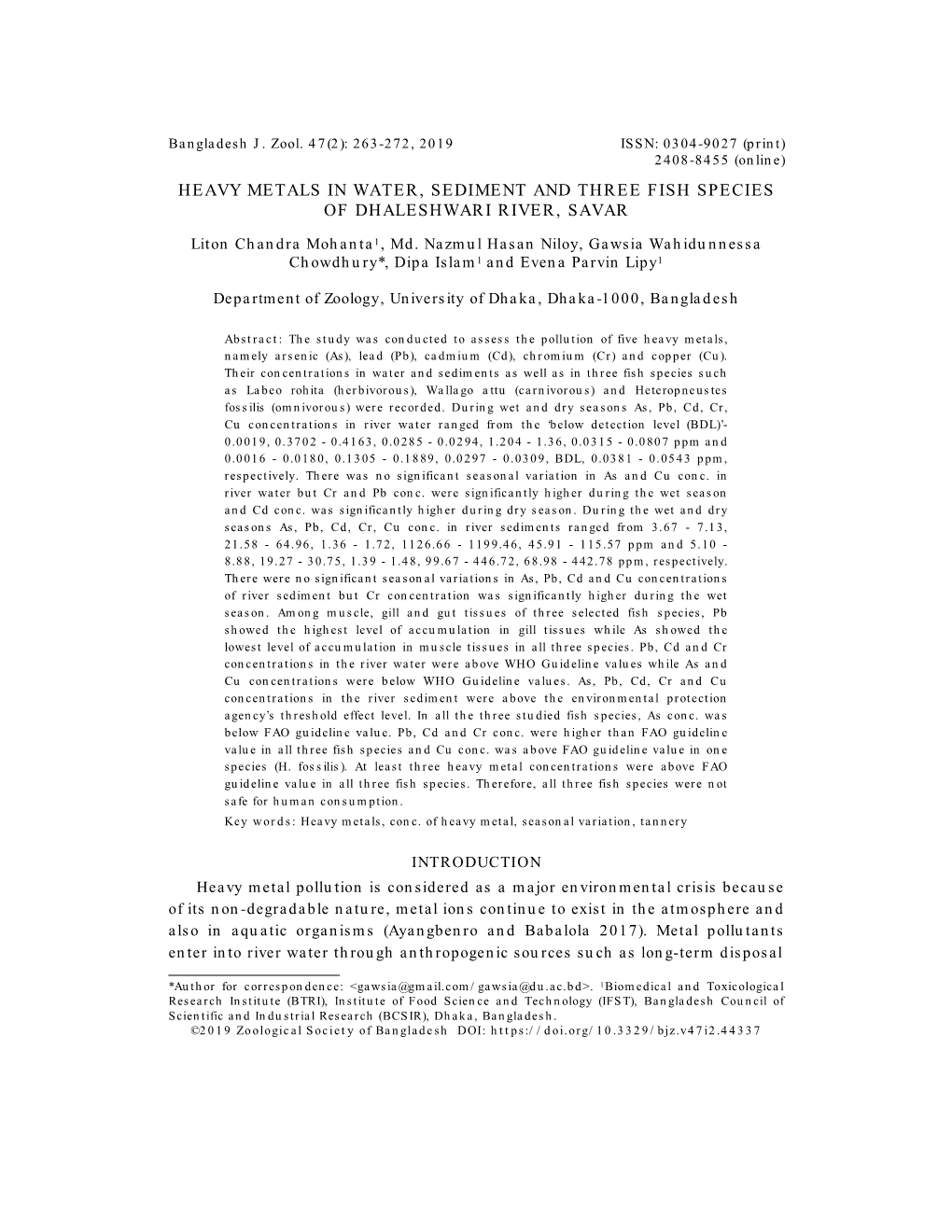 Heavy Metals in Water, Sediment and Three Fish Species of Dhaleshwari River, Savar