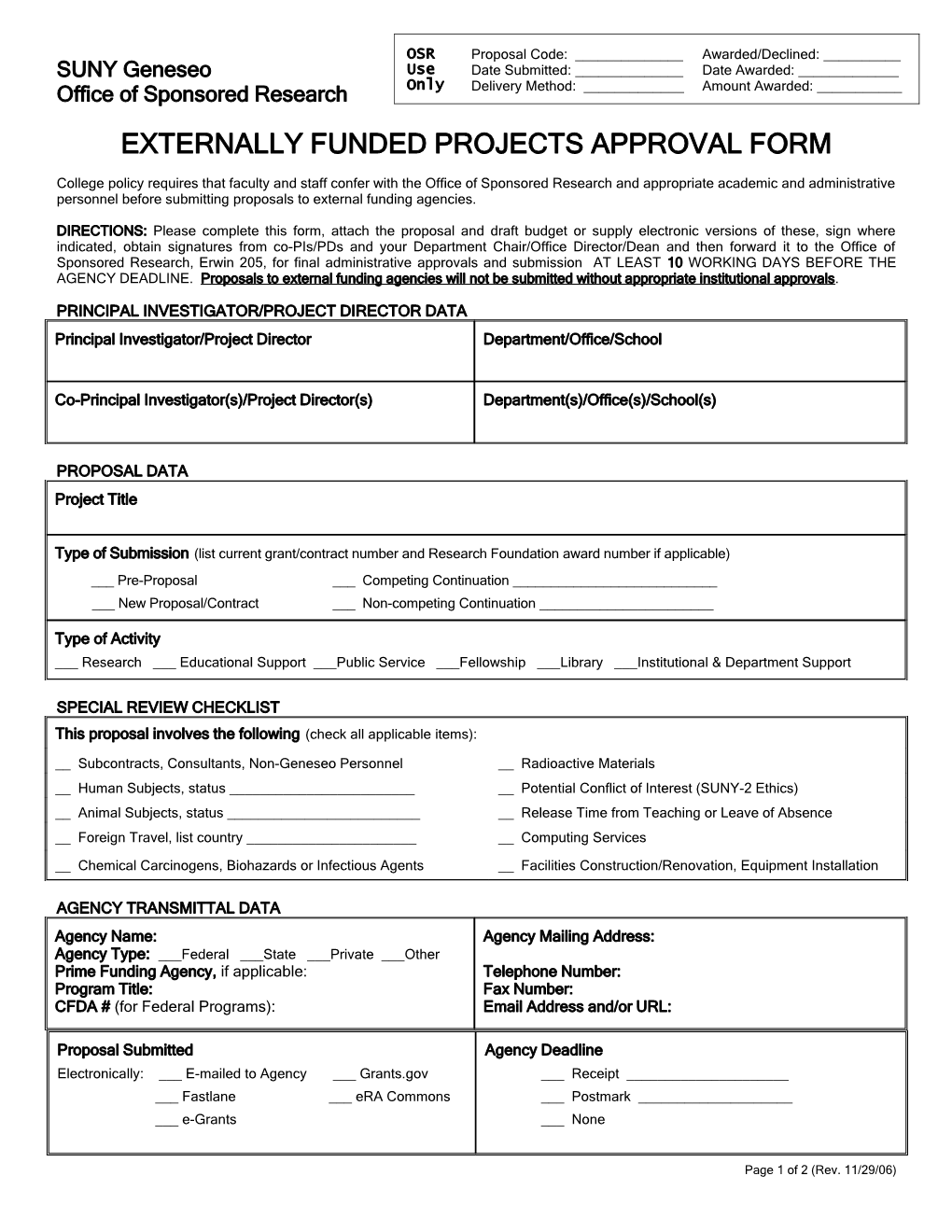 Externally Funded Projects Approval Form