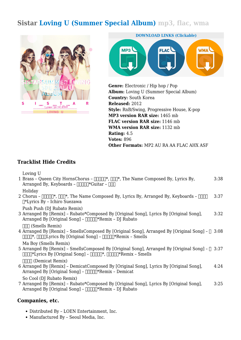 Sistar Loving U (Summer Special Album) Mp3, Flac, Wma