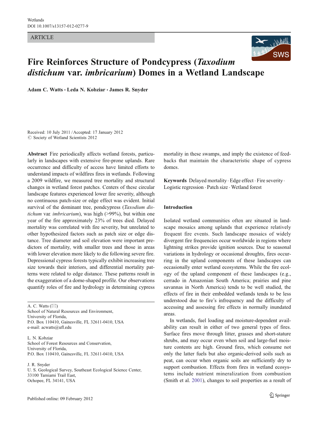 Fire Reinforces Structure of Pondcypress (Taxodium Distichum Var. Imbricarium) Domes in a Wetland Landscape