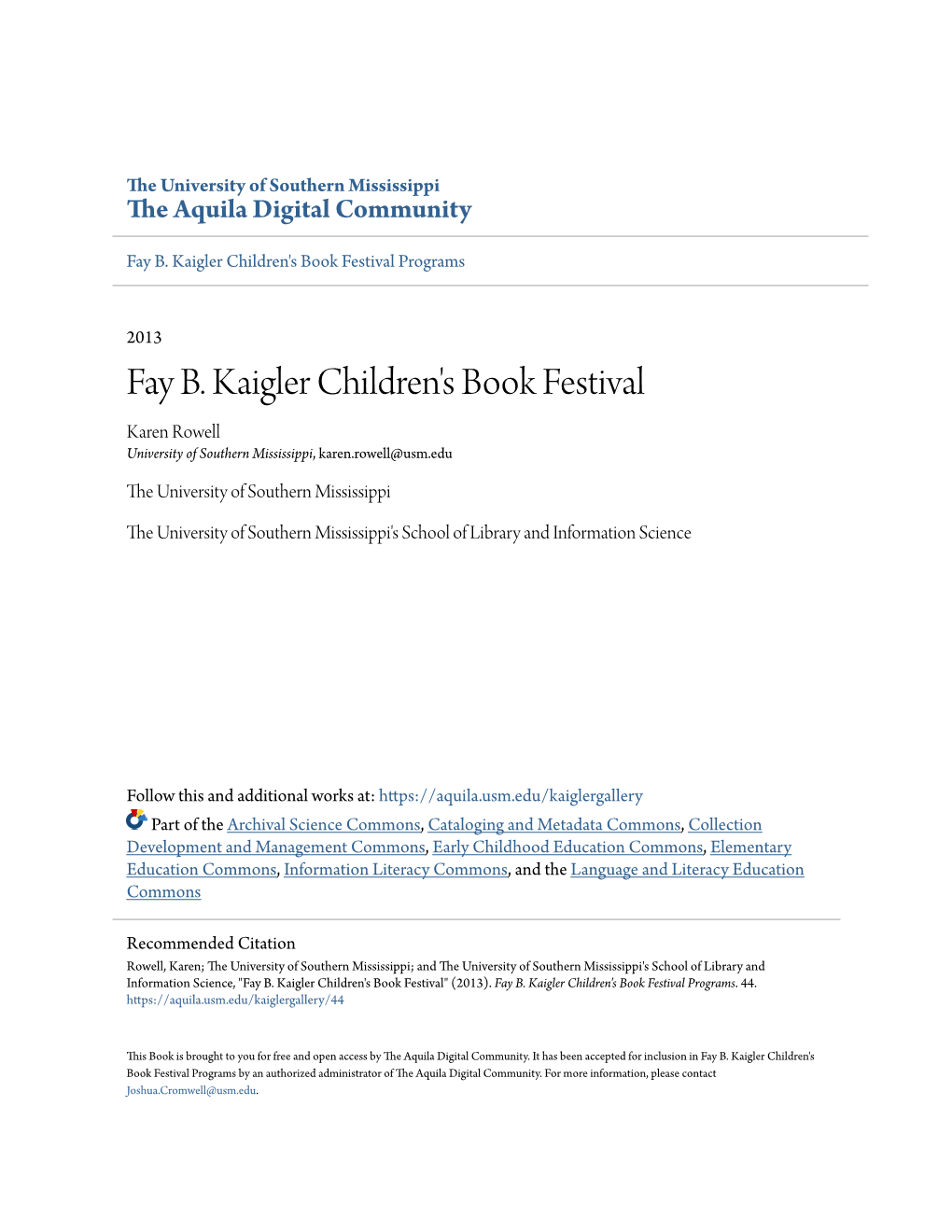 Fay B. Kaigler Children's Book Festival Programs