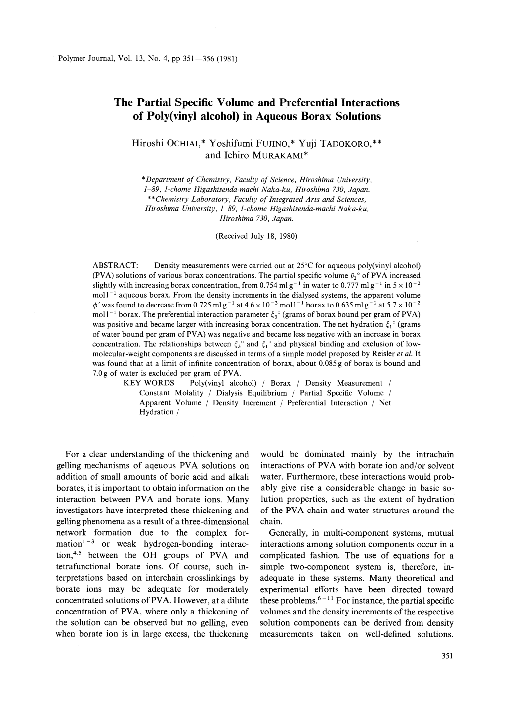 The Partial Specific Volume and Preferential Interactions of Poly(Vinyl Alcohol) in Aqueous Borax Solutions