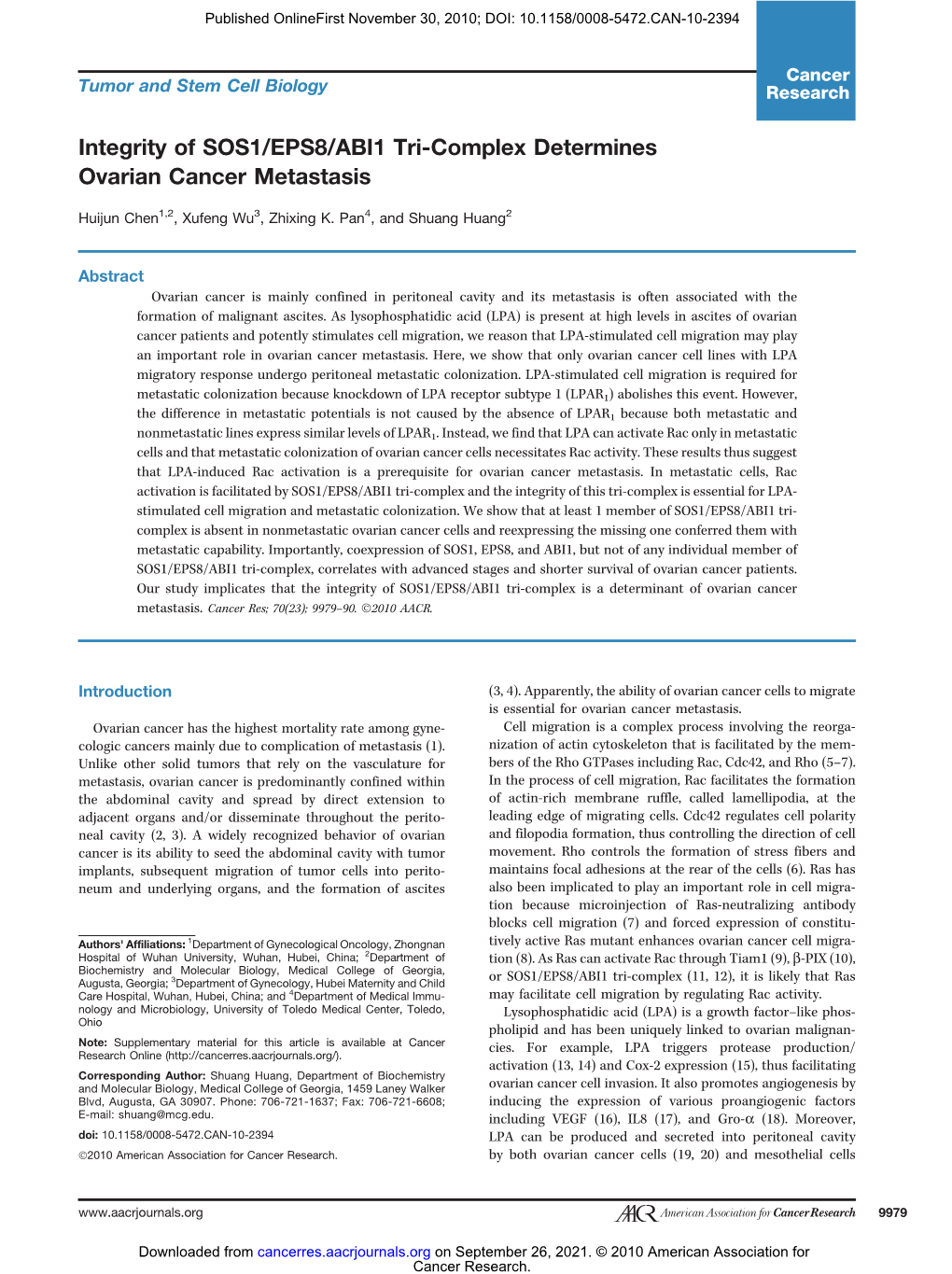 Integrity of SOS1/EPS8/ABI1 Tri-Complex Determines Ovarian Cancer Metastasis