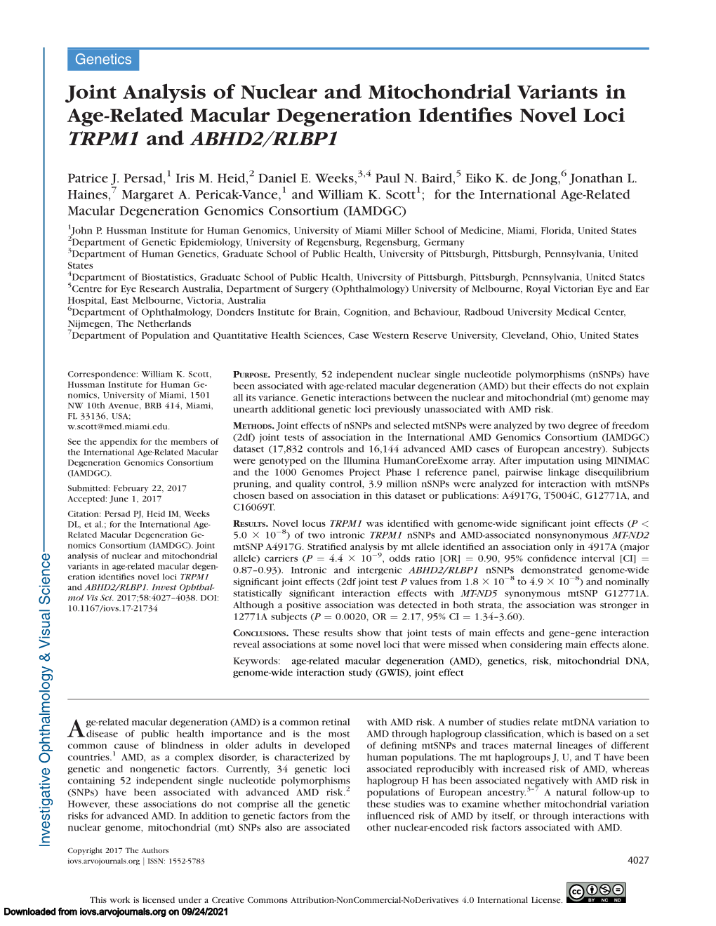 Joint Analysis of Nuclear and Mitochondrial Variants in Age-Related Macular Degeneration Identiﬁes Novel Loci TRPM1 and ABHD2/RLBP1