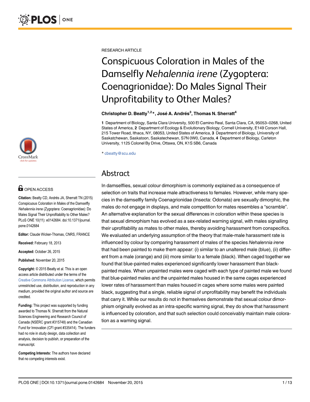 Conspicuous Coloration in Males of the Damselfly Nehalennia Irene (Zygoptera: Coenagrionidae): Do Males Signal Their Unprofitability to Other Males?