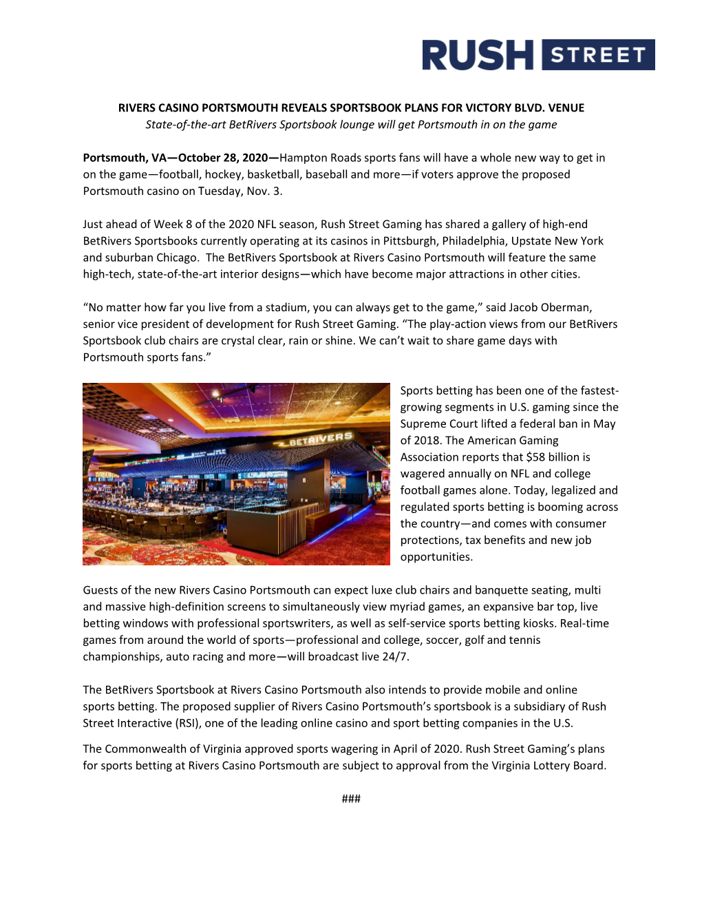 RIVERS CASINO PORTSMOUTH REVEALS SPORTSBOOK PLANS for VICTORY BLVD. VENUE State-Of-The-Art Betrivers Sportsbook Lounge Will Get Portsmouth in on the Game