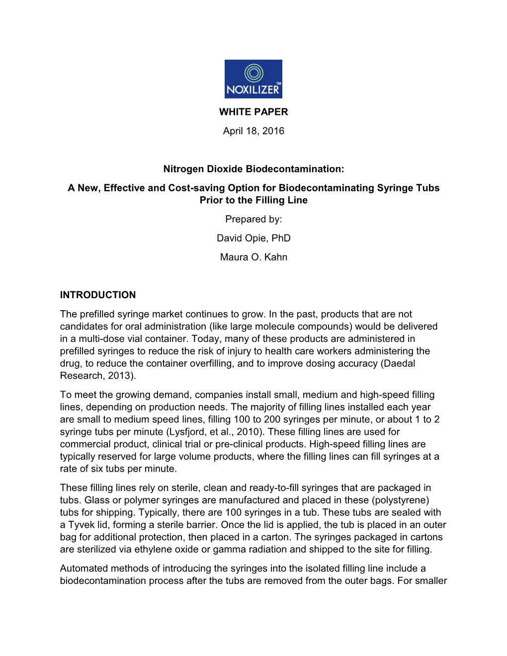 WHITE PAPER April 18, 2016 Nitrogen Dioxide Biodecontamination