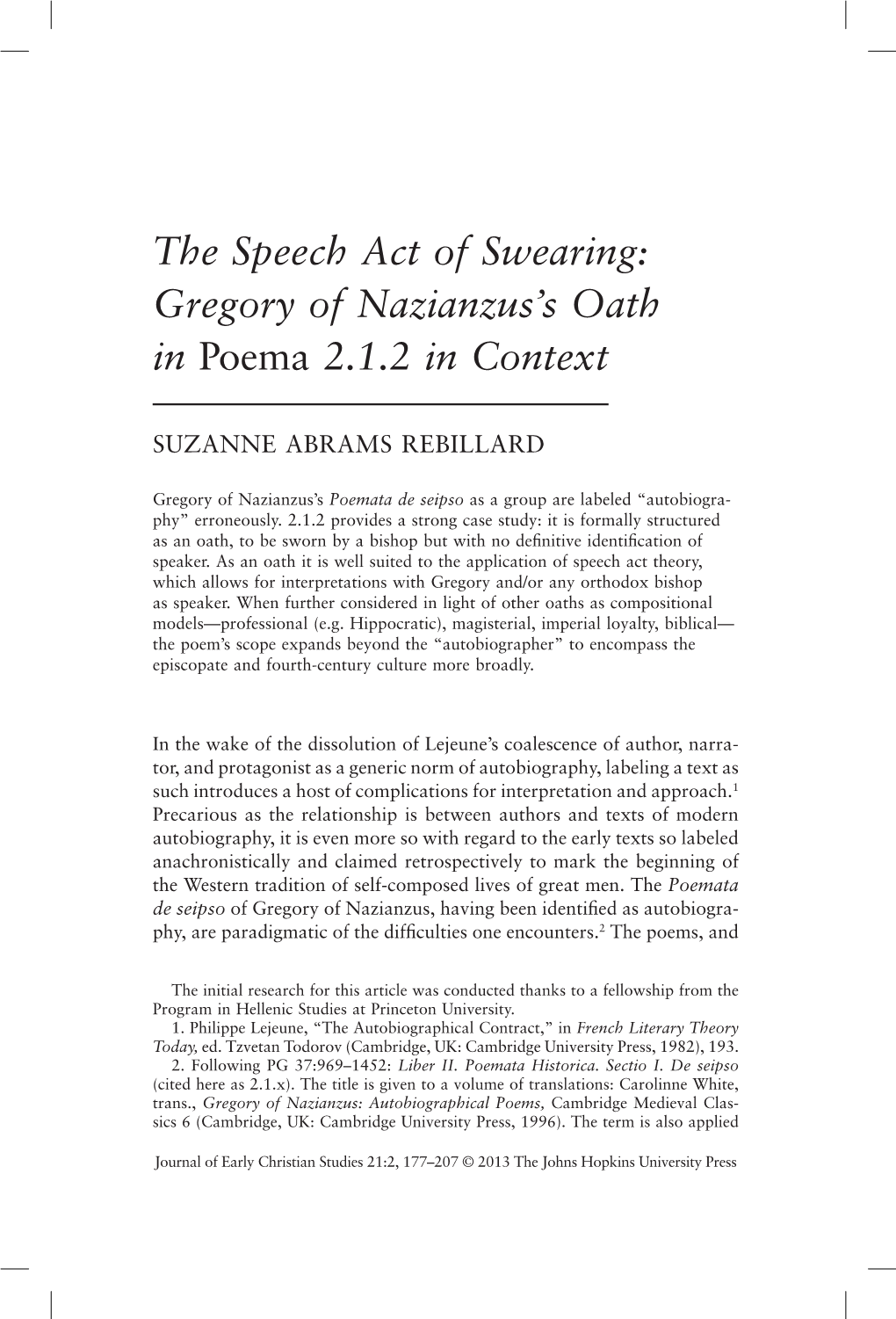 The Speech Act of Swearing: Gregory of Nazianzus's Oath in Poema 2.1.2