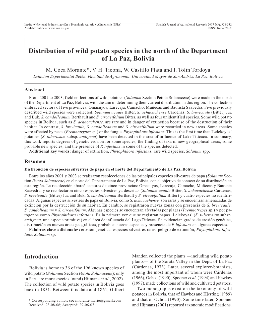 Distribution of Wild Potato Species in the North of the Department of La Paz, Bolivia M