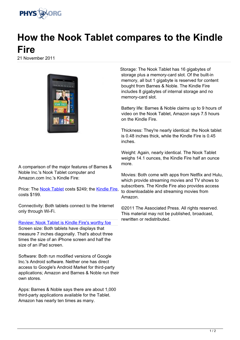 How the Nook Tablet Compares to the Kindle Fire 21 November 2011