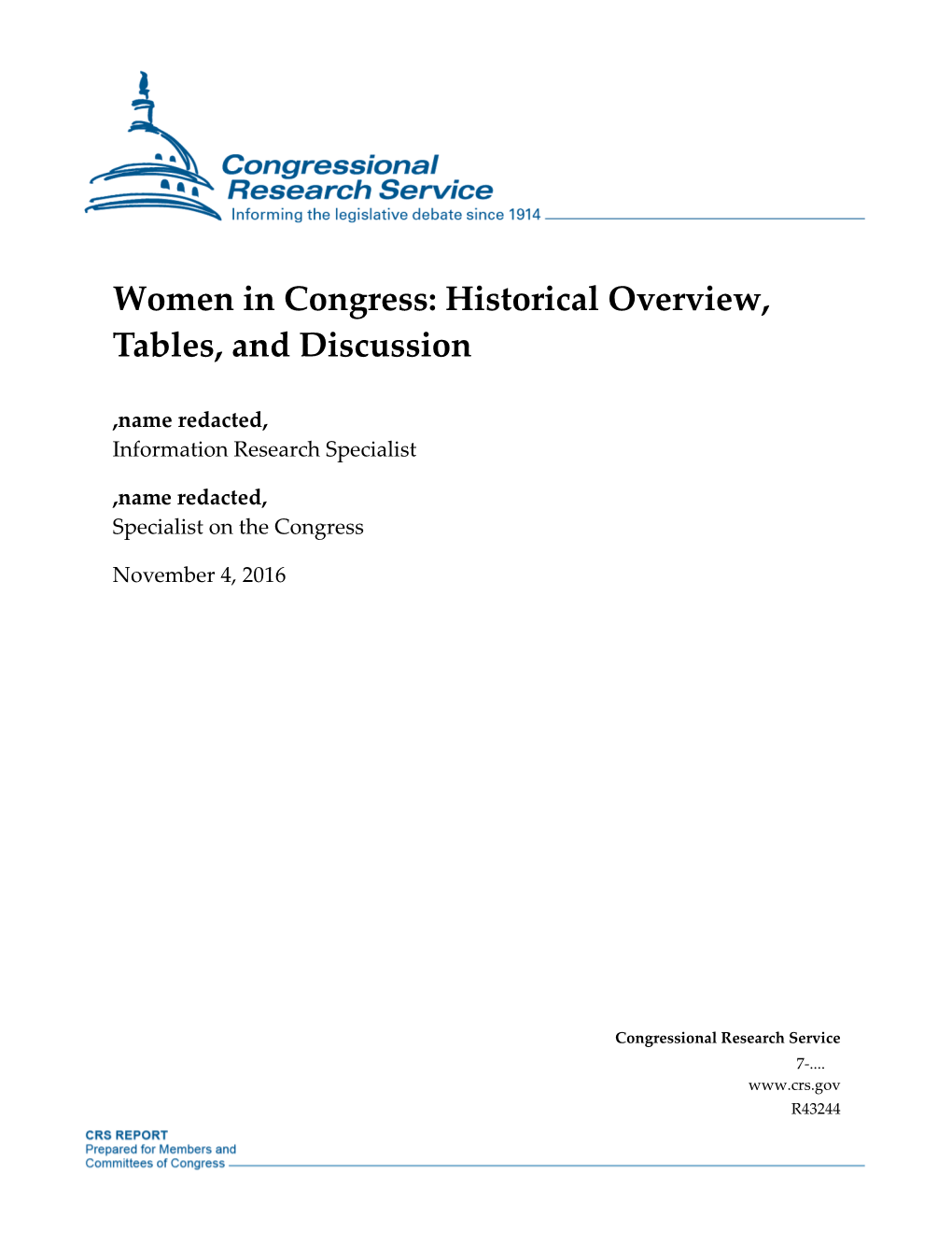 Women in Congress: Historical Overview, Tables, and Discussion
