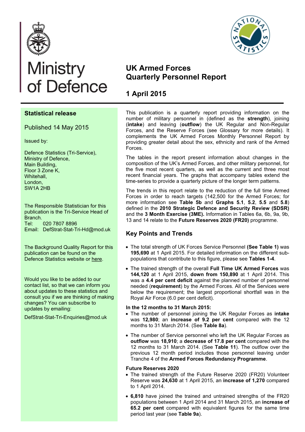 UK Armed Forces Quarterly Personnel Report