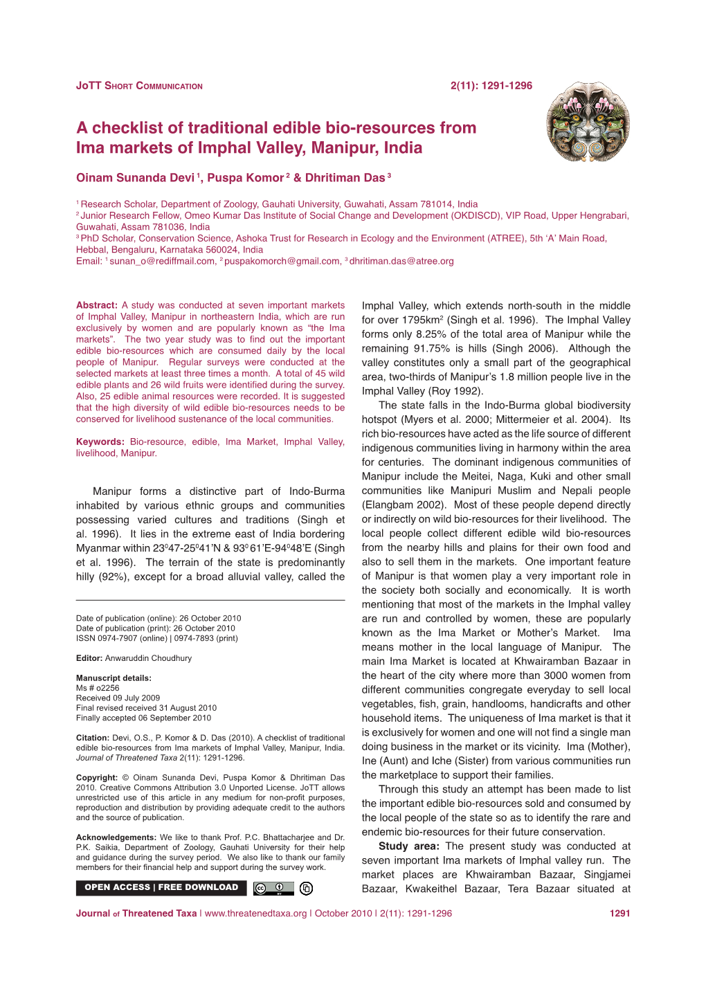 A Checklist of Traditional Edible Bio-Resources from Ima Markets of Imphal Valley, Manipur, India