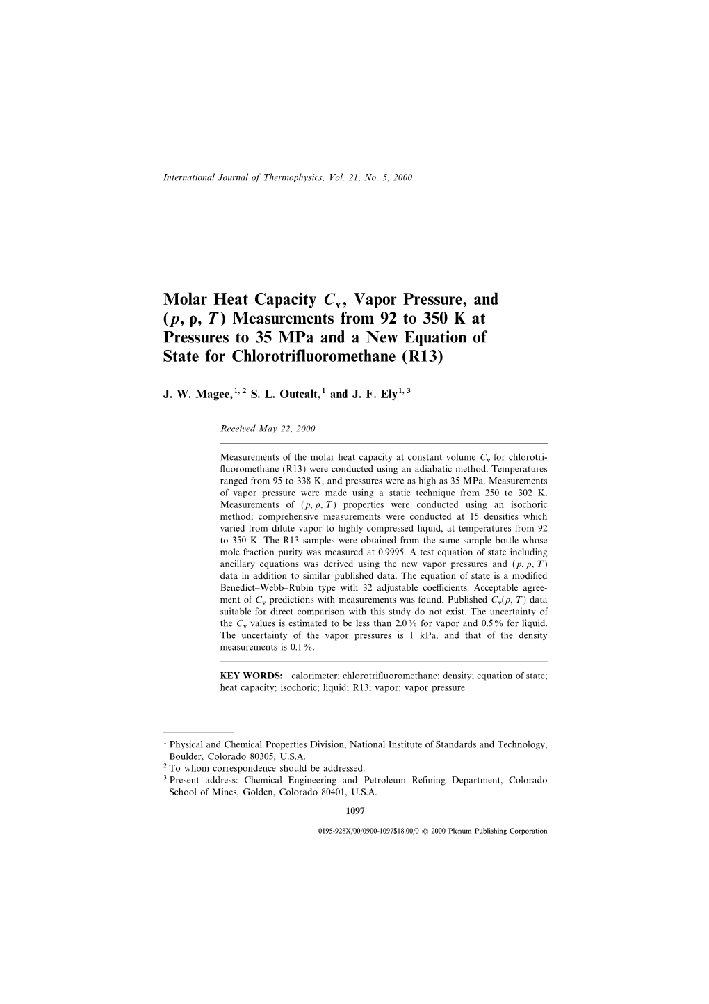 Molar Heat Capacity Cv , Vapor Pressure