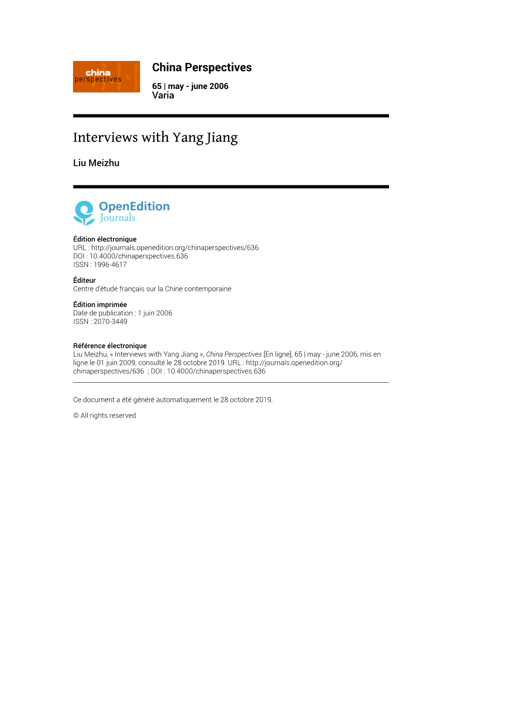 China Perspectives, 65 | May - June 2006 Interviews with Yang Jiang 2