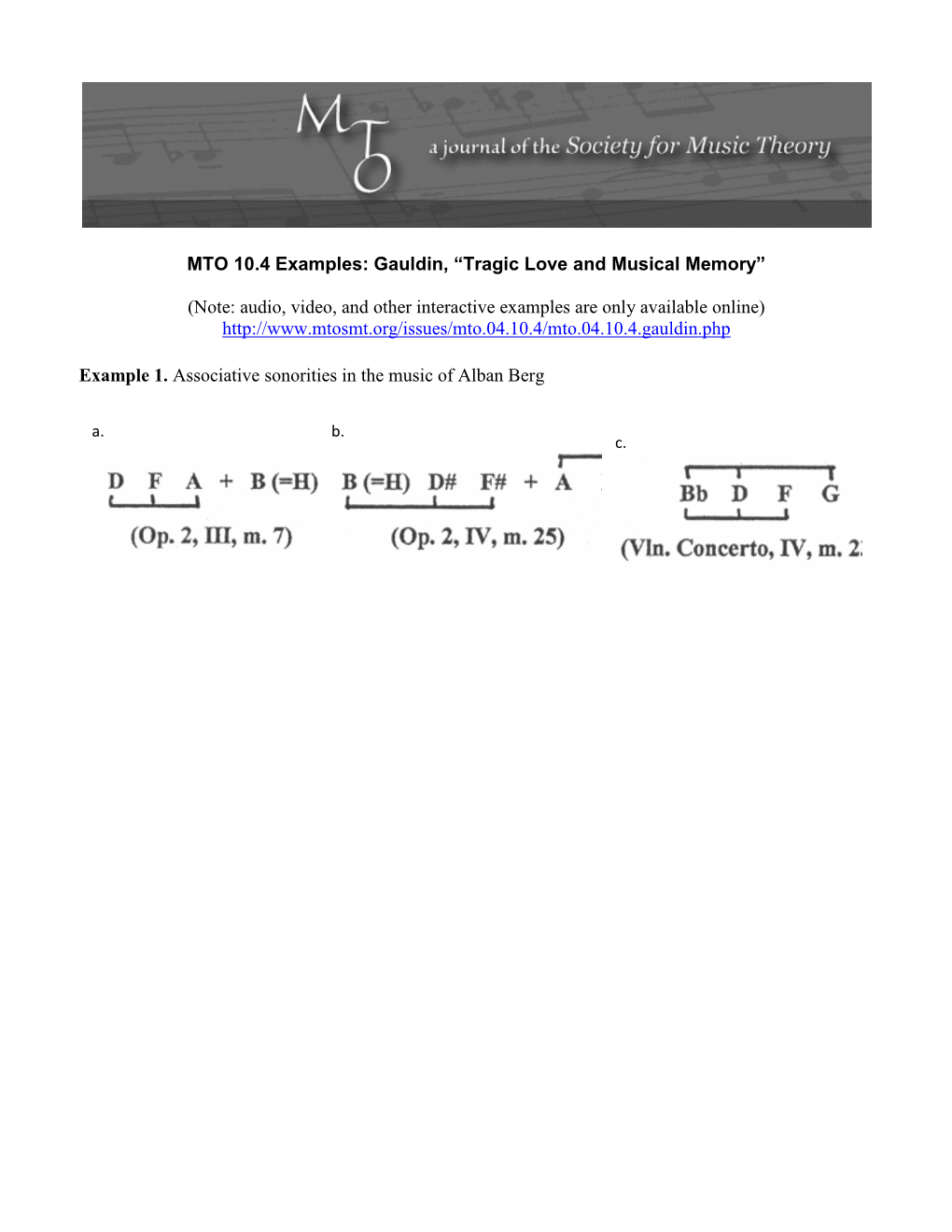 MTO 10.4 Examples: Gauldin, “Tragic Love and Musical Memory”