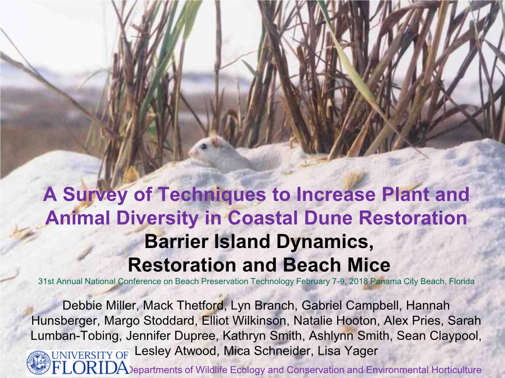 A Survey of Techniques to Increase Plant and Animal Diversity in Coastal Dune Restoration Barrier Island Dynamics, Restoration A