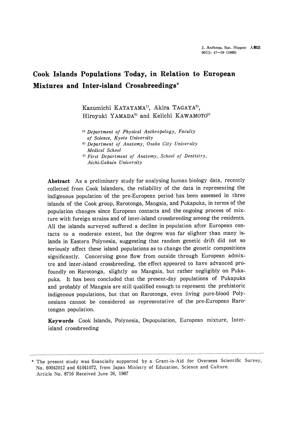 Cook Islands Populations Today, in Relation to European Mixtures and Inter-Island Crossbreedings*