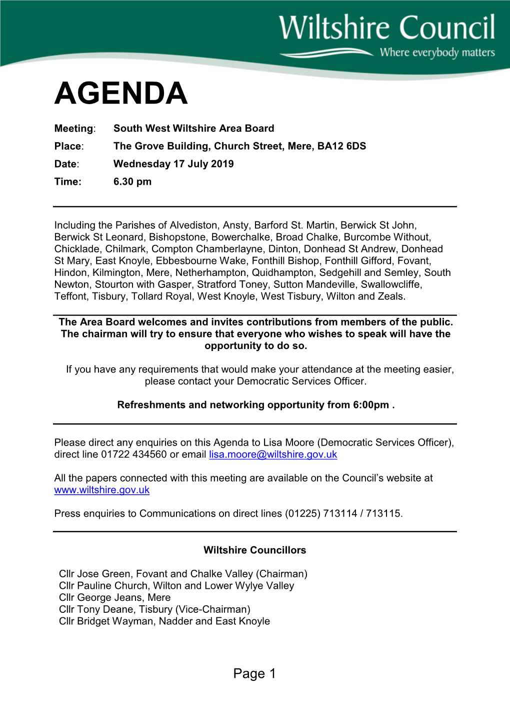 (Public Pack)Agenda Document for South West Wiltshire Area Board