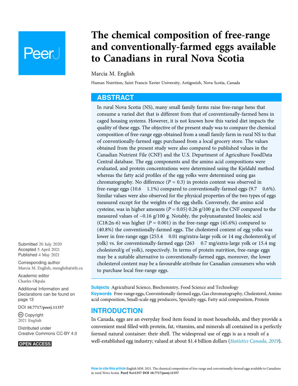 The Chemical Composition of Free-Range and Conventionally-Farmed Eggs Available to Canadians in Rural Nova Scotia