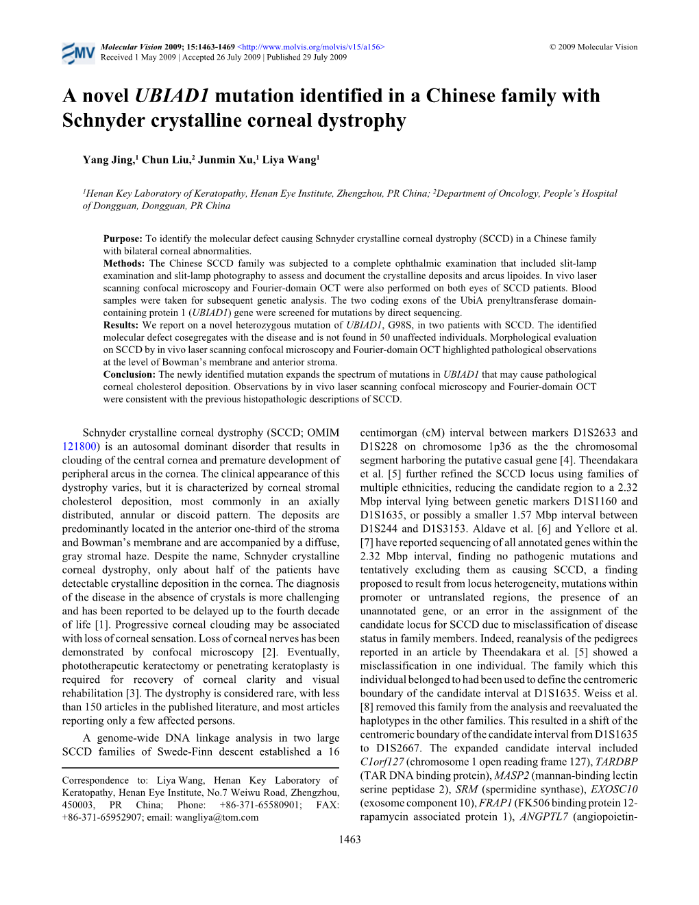 A Novel UBIAD1 Mutation Identified in a Chinese Family with Schnyder Crystalline Corneal Dystrophy