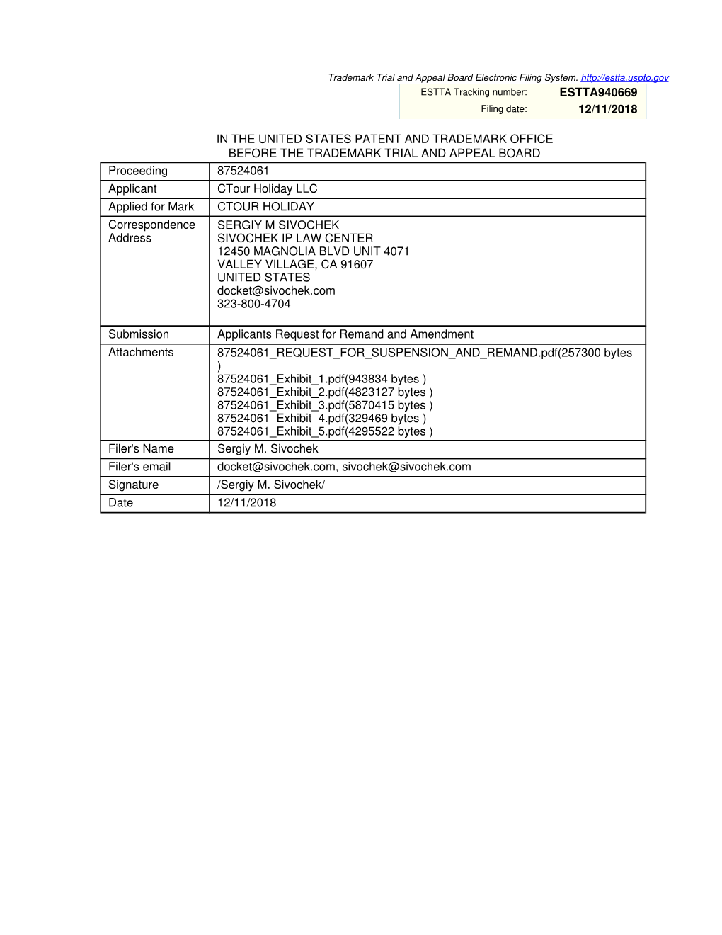 Estta940669 12/11/2018 in the United States Patent And