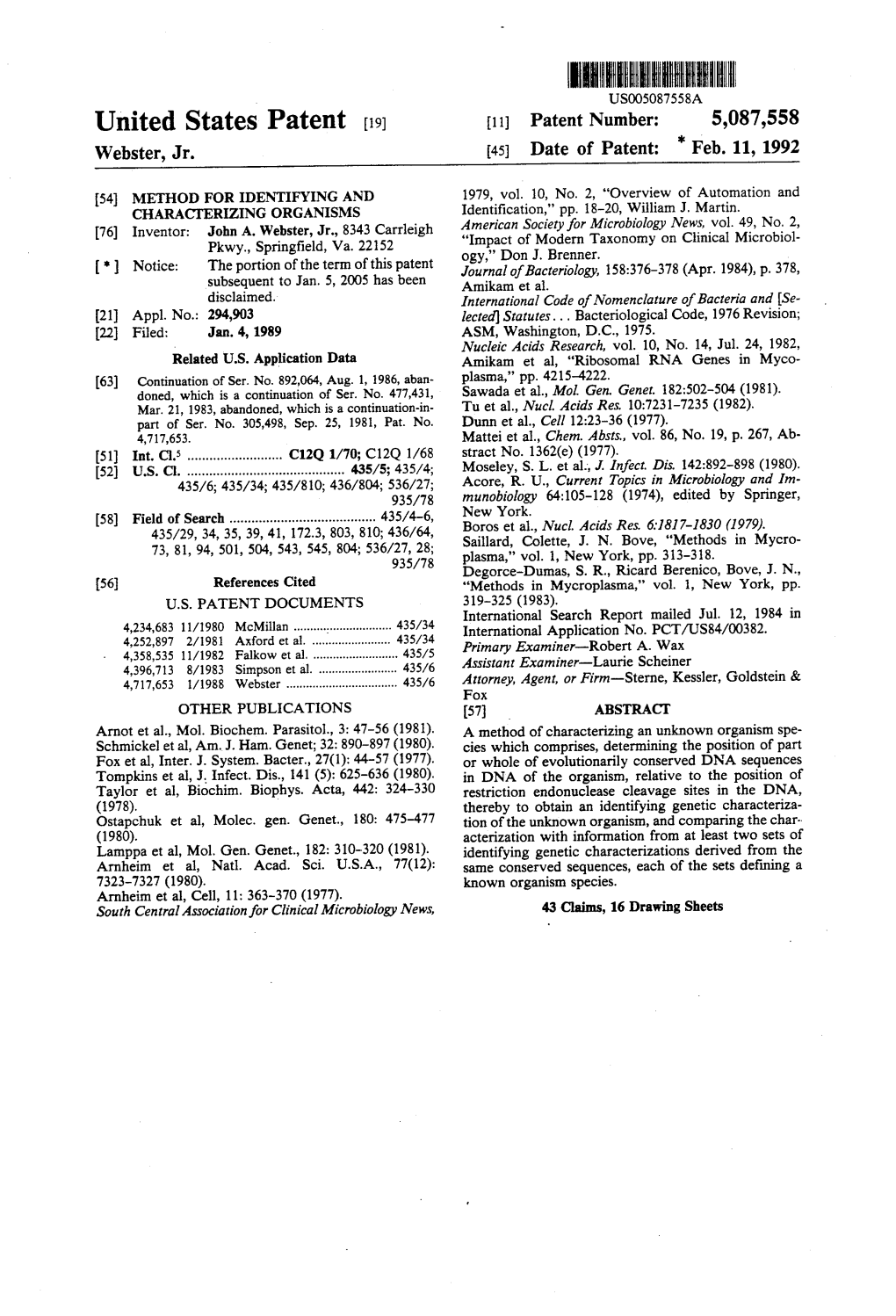 United States Patent (19) 11 Patent Number: 5,087,558 Webster, Jr