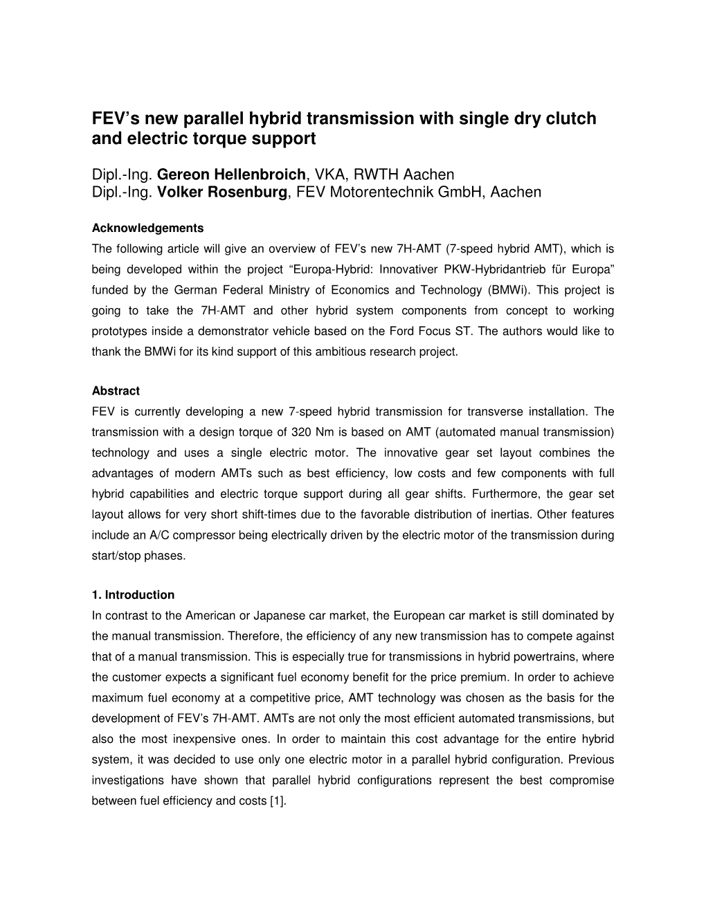 FEV's New Parallel Hybrid Transmission with Single Dry Clutch