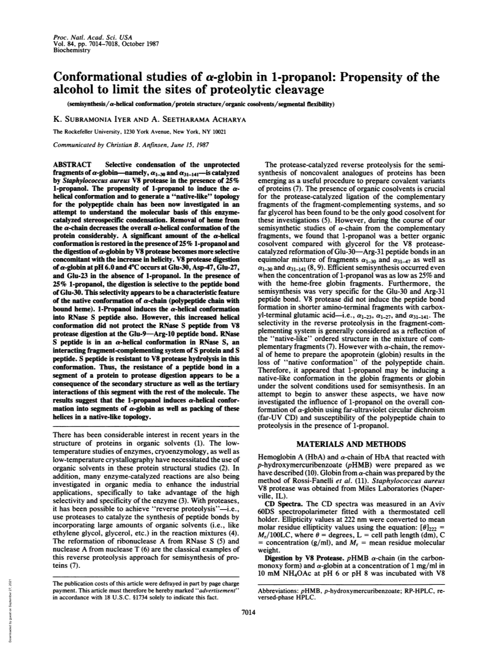 Conformational Studies of A-Globin in 1-Propanol: Propensity of The