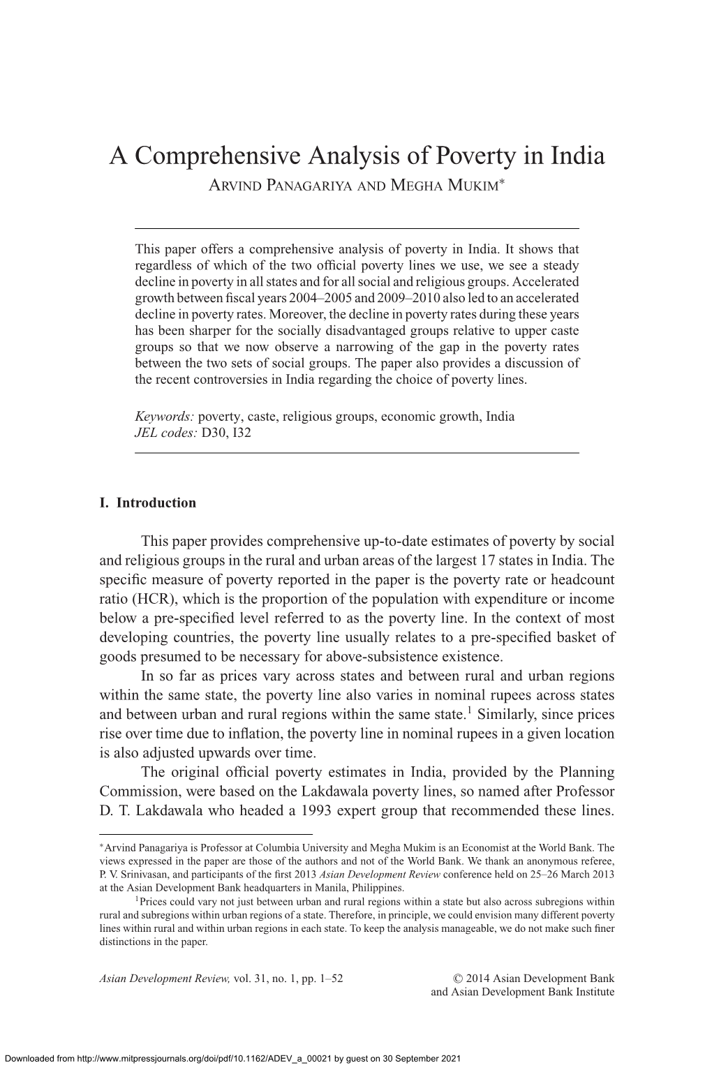 A Comprehensive Analysis of Poverty in India ∗ ARVIND PANAGARIYA and MEGHA MUKIM