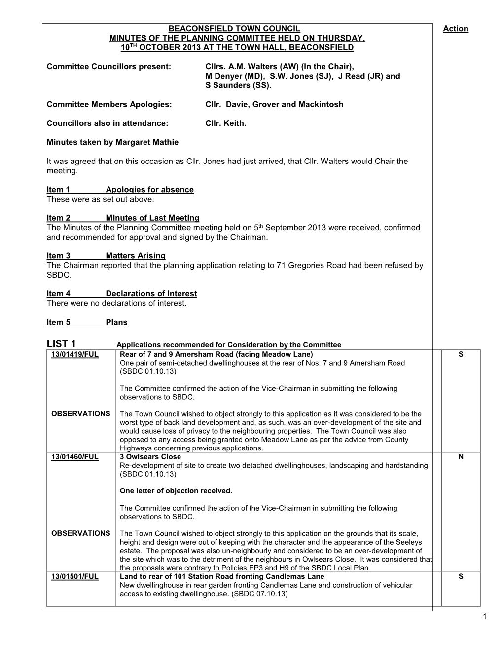 Minutes of the Planning Committee Held on Thursday, 10Th October 2013 at the Town Hall, Beaconsfield