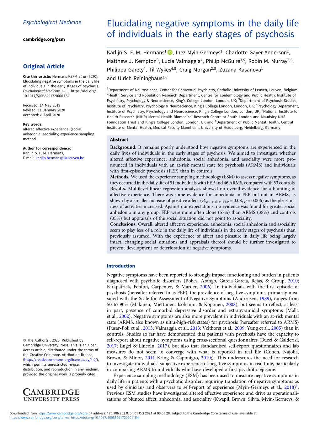 Elucidating Negative Symptoms in the Daily Life of Individuals in the Early Stages of Psychosis Cambridge.Org/Psm