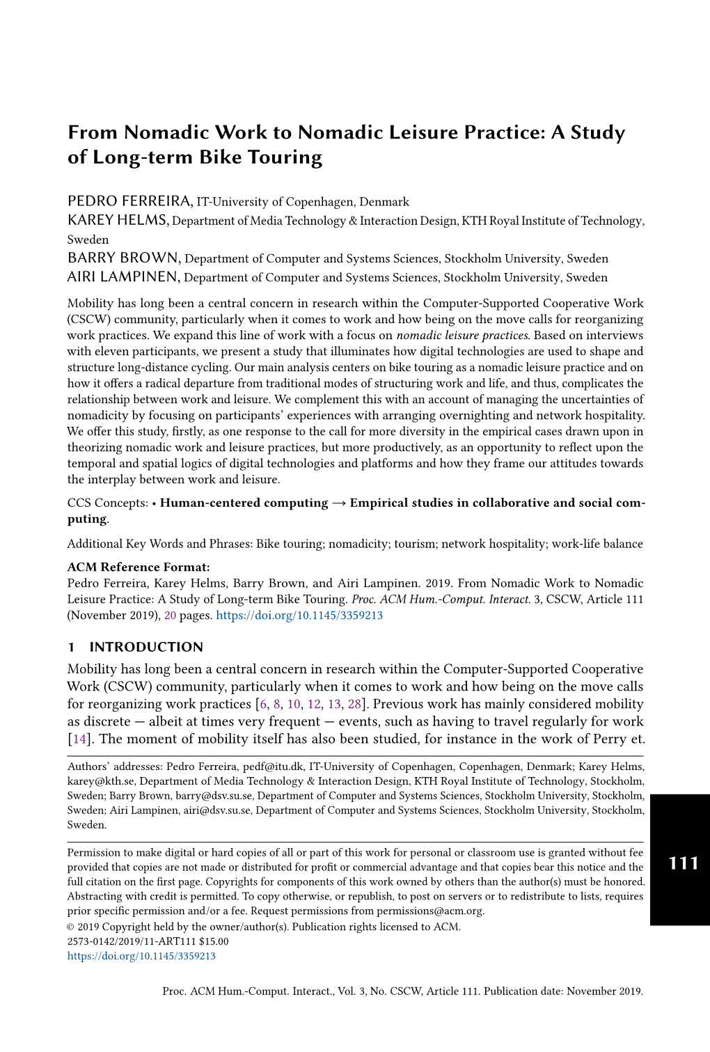 From Nomadic Work to Nomadic Leisure Practice: a Study of Long-Term Bike Touring