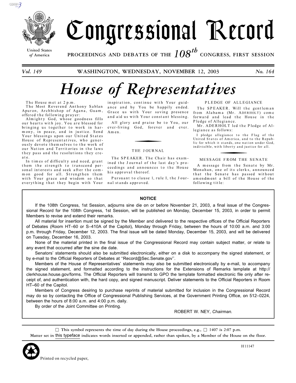 Congressional Record United States Th of America PROCEEDINGS and DEBATES of the 108 CONGRESS, FIRST SESSION