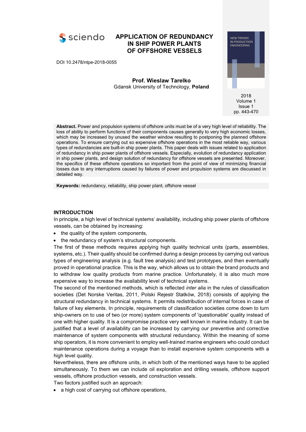 Application of Redundancy in Ship Power Plants of Offshore Vessels