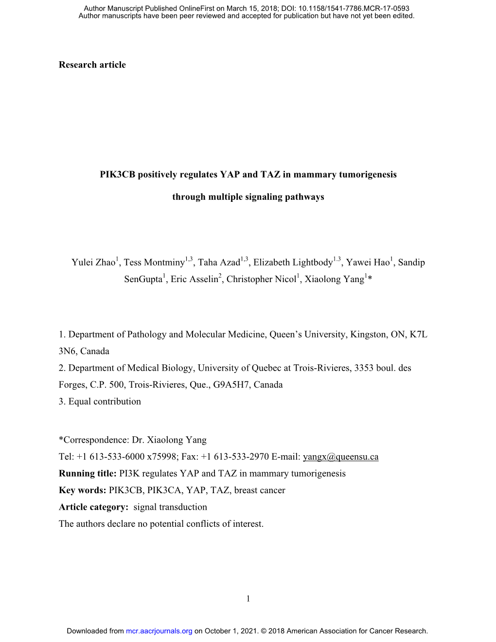 PI3K Regulates YAP/TAZ in Mammary Tumorigenesis Through Multiple Signaling Pathways