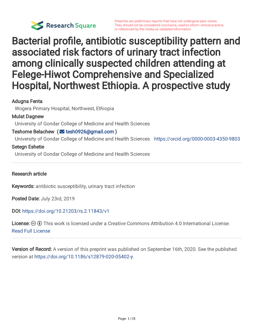 Bacterial Profile, Antibiotic Susceptibility Pattern and Associated Risk Factors of Urinary Tract Infection Among Clinically