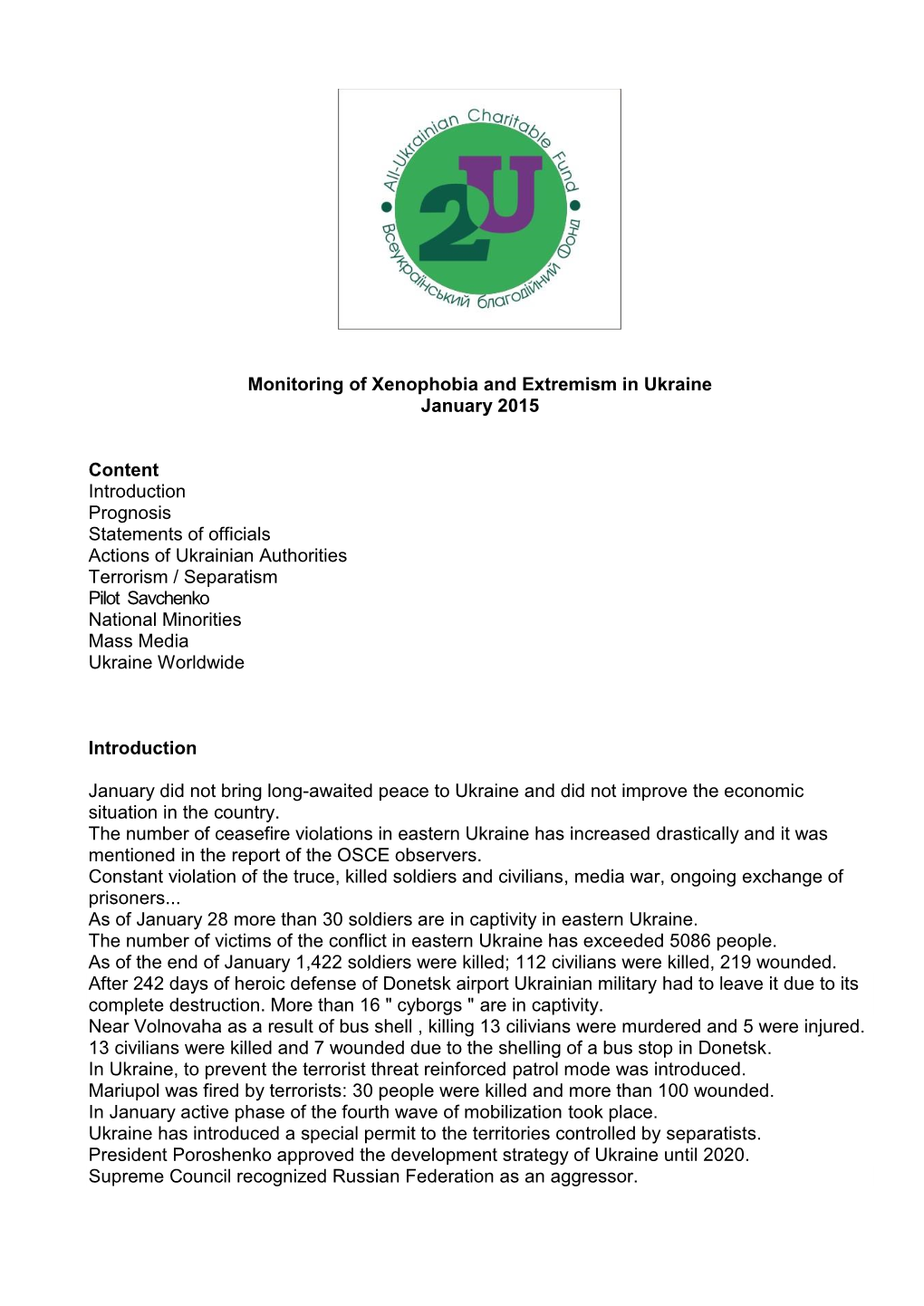 Monitoring of Xenophobia and Extremism in Ukraine January 2015