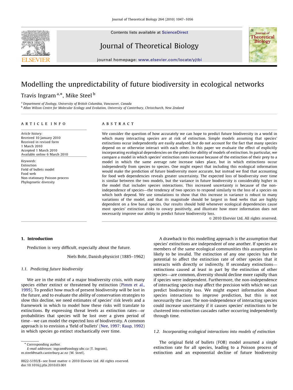Journal of Theoretical Biology 264 (2010) 1047–1056