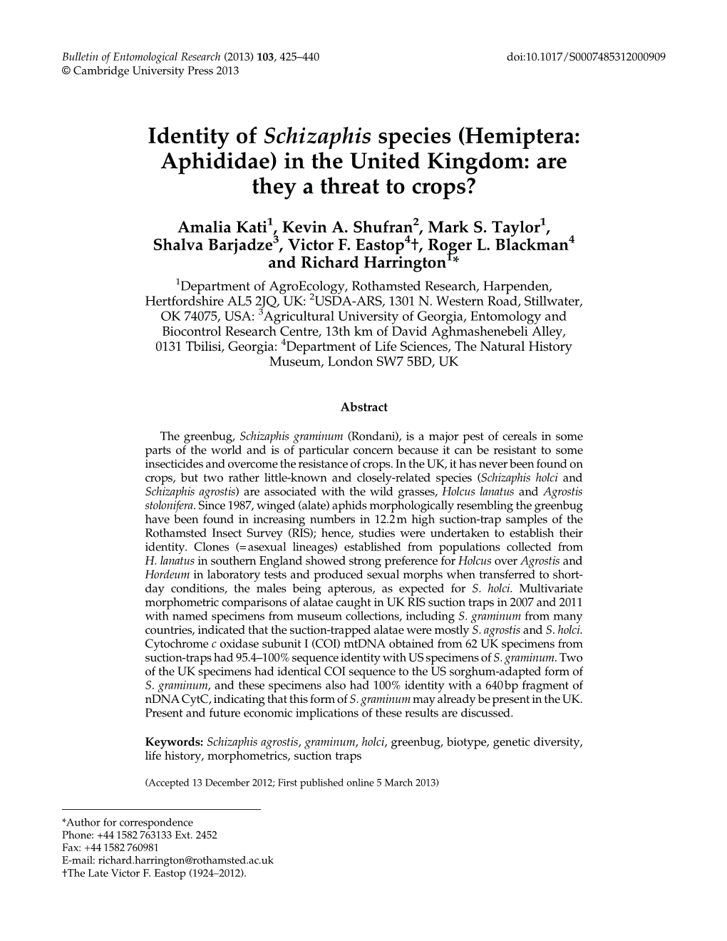 Identity of Schizaphis Species (Hemiptera: Aphididae) in the United Kingdom: Are They a Threat to Crops?