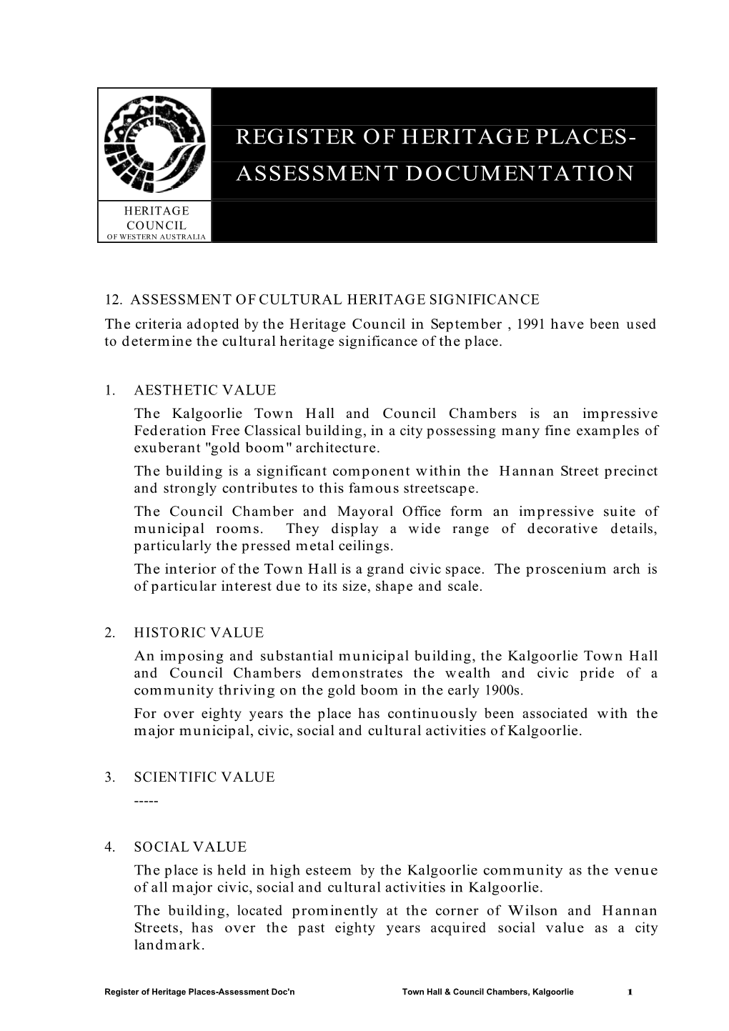 Register of Heritage Places- Assessment Documentation