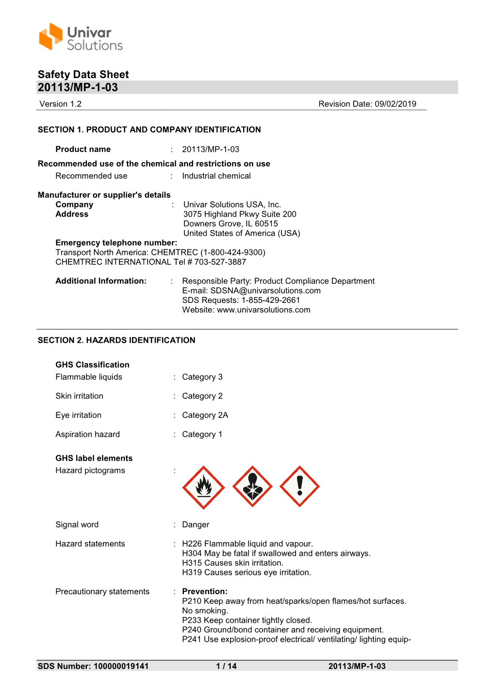 20113/MP-1-03 Version 1.2 Revision Date: 09/02/2019