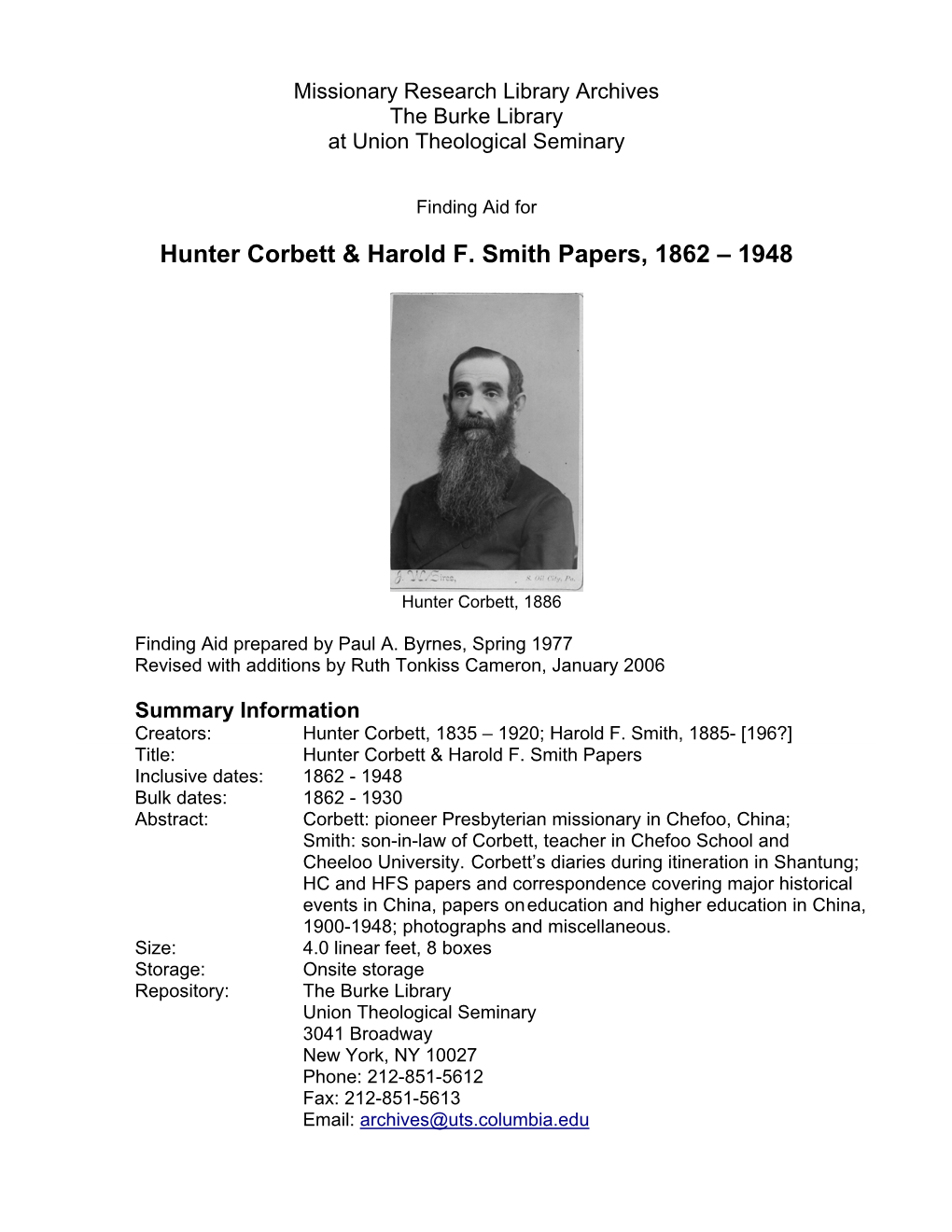 Hunter Corbett & Harold F. Smith Papers, 1862