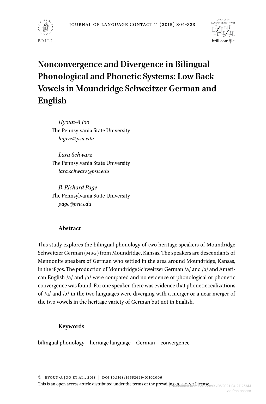 Nonconvergence and Divergence in Bilingual Phonological and Phonetic Systems: Low Back Vowels in Moundridge Schweitzer German and English