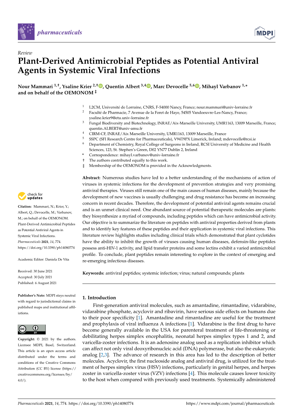 Plant-Derived Antimicrobial Peptides As Potential Antiviral Agents in Systemic Viral Infections