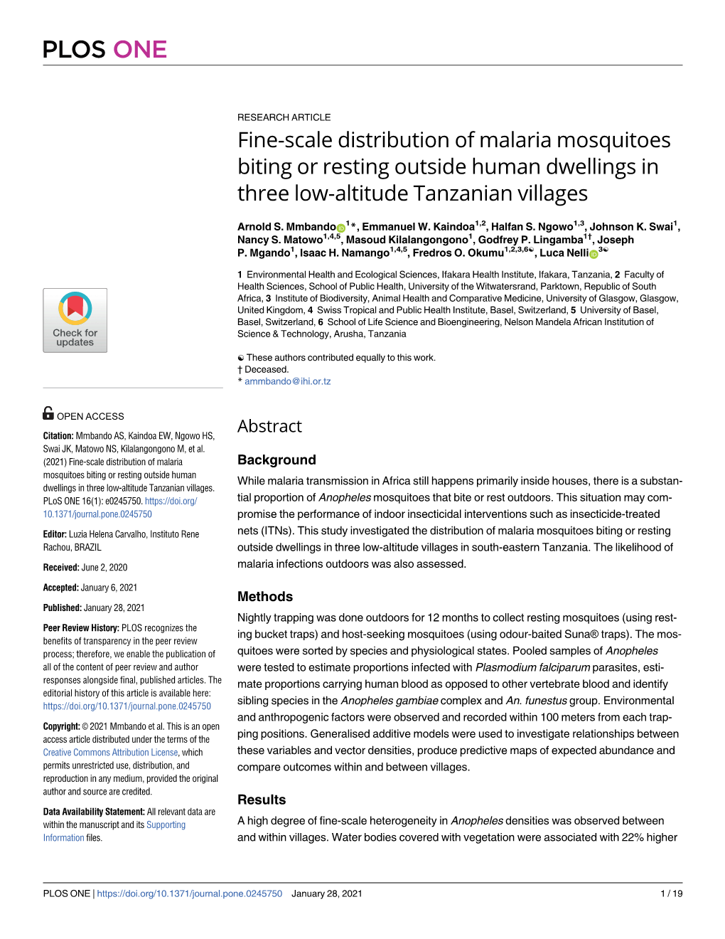 Fine-Scale Distribution of Malaria Mosquitoes Biting Or Resting Outside Human Dwellings in Three Low-Altitude Tanzanian Villages