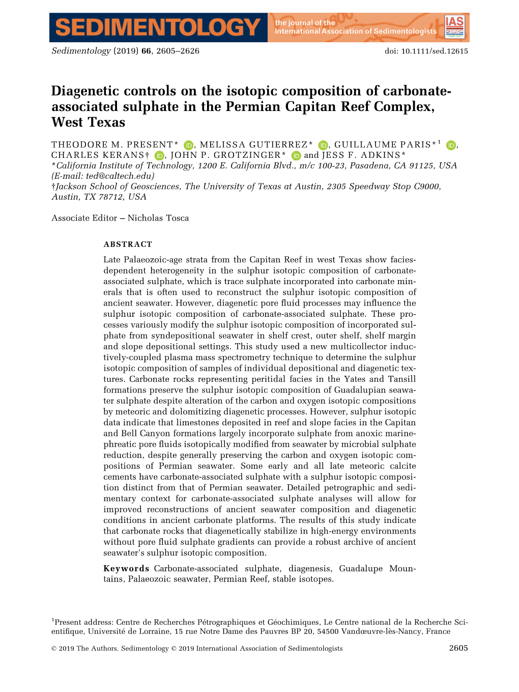 Diagenetic Controls on the Isotopic Composition of Carbonate- Associated Sulphate in the Permian Capitan Reef Complex, West Texas